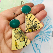 Load image into Gallery viewer, Golden Blossoms and Emerald Ovals Small Fans Zero Waste Tin Earrings