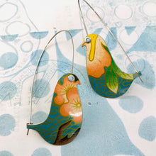 Load image into Gallery viewer, Pink Blossoms on Blue Birds on a Wire Upcycled Tin Earrings