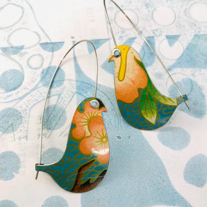 Pink Blossoms on Blue Birds on a Wire Upcycled Tin Earrings