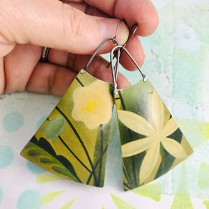 Big Happy Flowers Upcycled Tin Long Fans Earrings