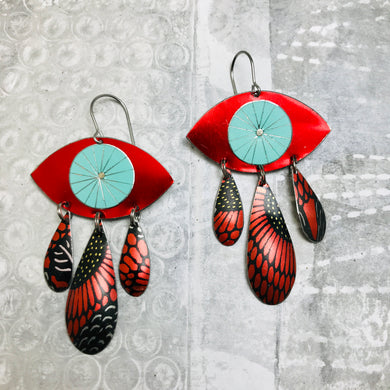 Shimmery Scarlet & Sunflowers Mati Tin Chandelier Earrings
