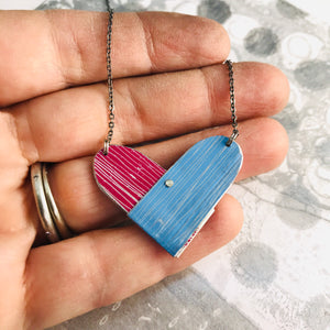 Cornflower & Magenta Etched Tin Heart Recycled Necklace