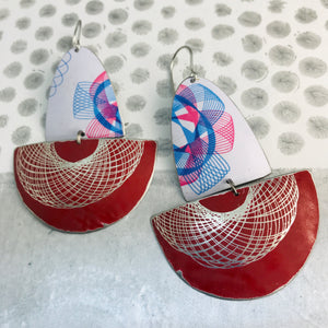 White and Red Spirograph Upcycled Tin Boat Earrings