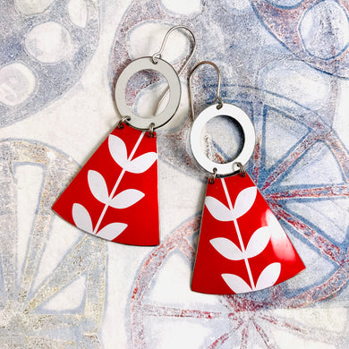 Mod White Leaves on Bright Red Small Fans Tin Earrings