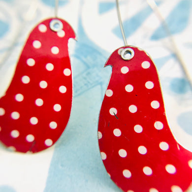White PolkaDots on Red Birds on a Wire Upcycled Tin Earrings