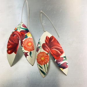 Red Red Flowers Upcycled Tin Double Leaf Earrings