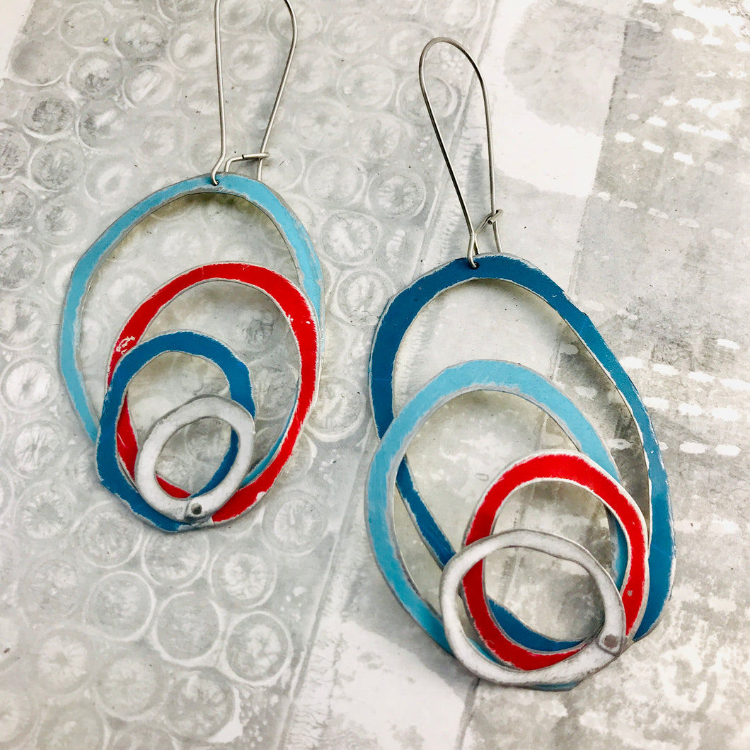 Scarlet, Snow & Blue Scribbles Again Upcycled Tin Earrings