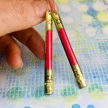 Load image into Gallery viewer, Deep Pink on Gold with Geometric Detail Long Narrow Tin Earrings