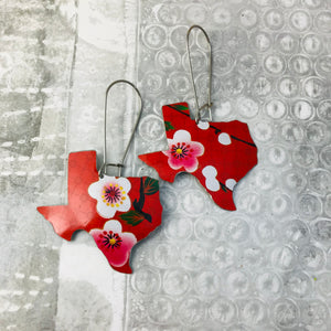 Cherry Blossoms on Scarlet Texas Upcycled Tin Earrings