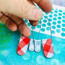 Load image into Gallery viewer, Red and Aqua Gingham Arch Dangle Tin Earrings