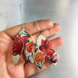 Red Red Flowers Upcycled Tin Double Leaf Earrings