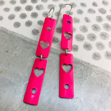 Load image into Gallery viewer, Hot Pink Hearts Narrow Rectangle Tin Earrings