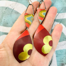 Load image into Gallery viewer, Golden Flower &amp; Retro Pattern Upcycled Long Pod Tin Earrings