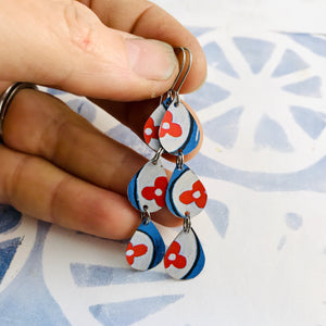 Red Flower on White & Blue Tri-Teardrop Upcycled Tin Earrings