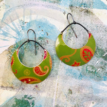 Load image into Gallery viewer, Pink Paisley on Matcha Crescent Circles Upcycled Tin Earrings