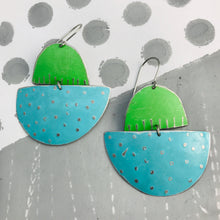 Load image into Gallery viewer, Aqua and Snap Pea Upcycled Tin Boat Earrings