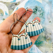Load image into Gallery viewer, Gray Blue Stripes on Cream Recycled Tin Fan Earrings