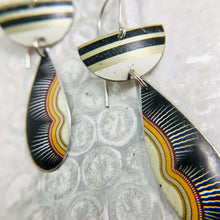 Load image into Gallery viewer, Midnight Striped Moon Teardrop Upcycled Tin Earrings
