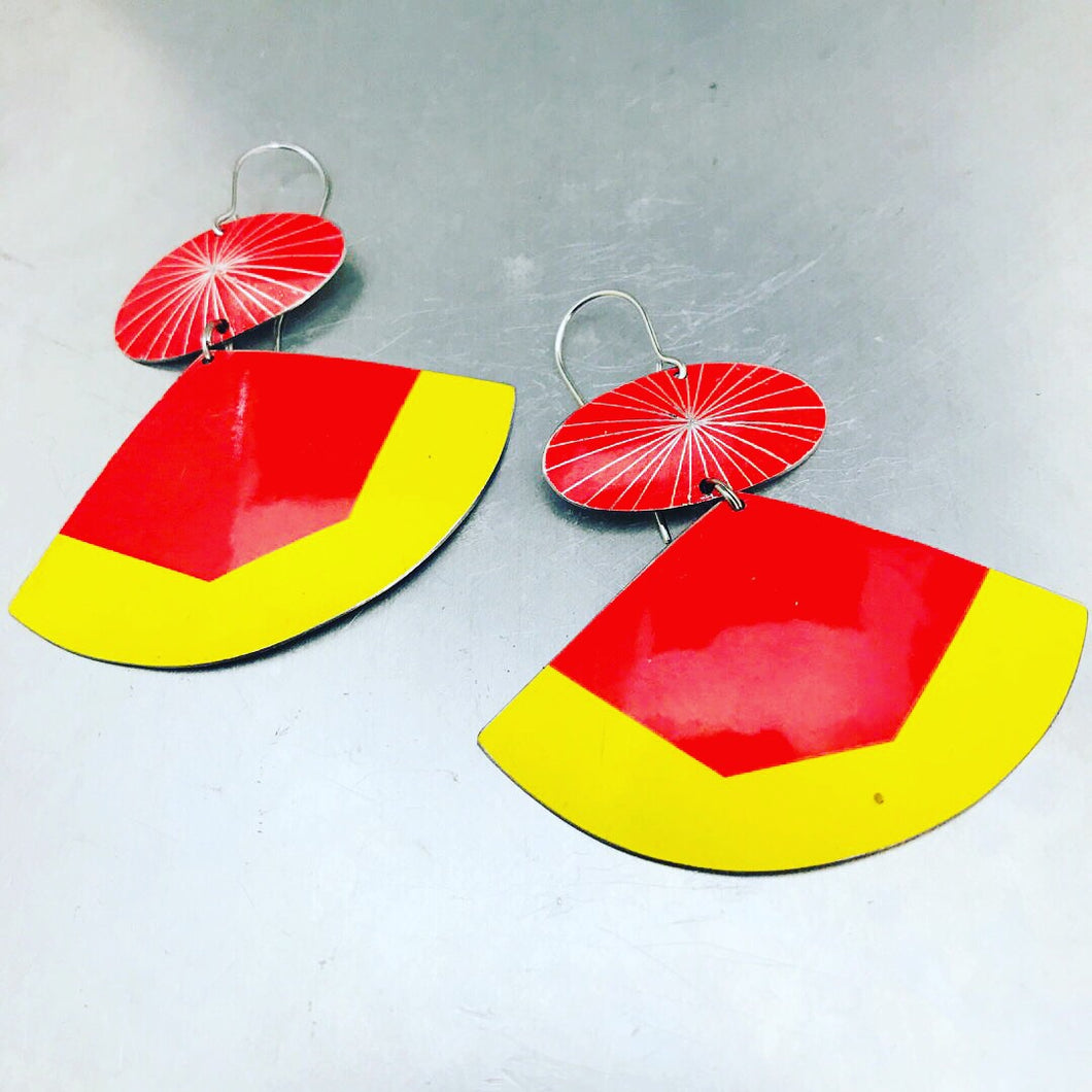 Bright Saffron & Scarlet Upcycled Tin Fan Earrings by Christine Terrell for adaptive reuse jewelry