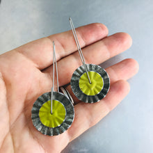 Load image into Gallery viewer, Gunmetal &amp; Bright Green Ruffled Discs Tin Earrings by adaptive reuse jewelry