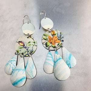 Flowers and Mixed Aquas Zero Waste Tin Chandelier Earrings