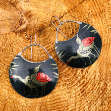 Load image into Gallery viewer, Red &amp; Black Winged Cranes Upcycled Circle Earrings