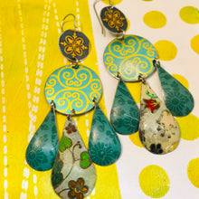 Load image into Gallery viewer, Mixed Greens and Gold Filigree Upcycled Tin Chandelier Earrings