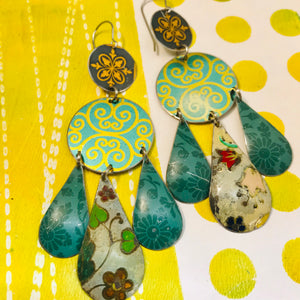 Mixed Greens and Gold Filigree Upcycled Tin Chandelier Earrings