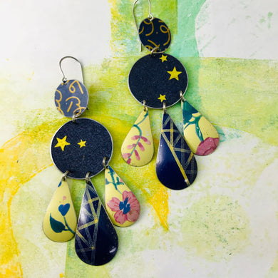 Golden Stars on Midnight Blue Tin Chandelier Earrings