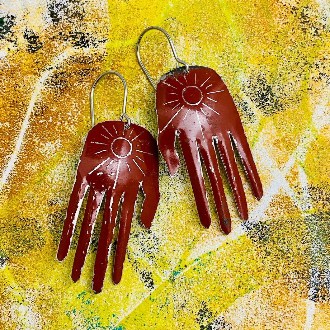 Rust Sunburst Hands Talisman Tin Earrings