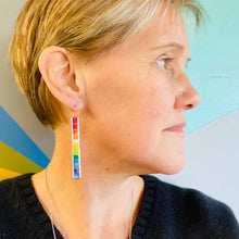 Load image into Gallery viewer, Rainbow Fenced White Edge Narrow Rectangle Tin Earrings