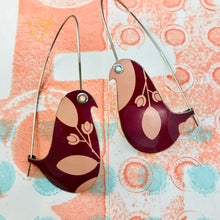 Load image into Gallery viewer, Pink Leaves on Madder Birds on a Wire Upcycled Tin Earrings