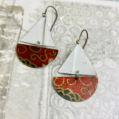 Rustic Red & Golden Swirls Upcycled Tin Sailboat Earrings