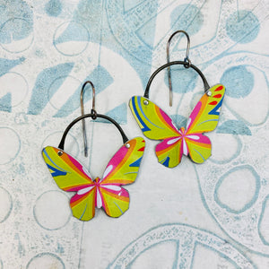 Chartreuse & Magenta Small Butterflies Upcycled Tin Earrings
