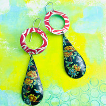 Load image into Gallery viewer, Flowered Long Teardrop Red Ring Tin Earrings
