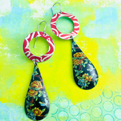 Flowered Long Teardrop Red Ring Tin Earrings