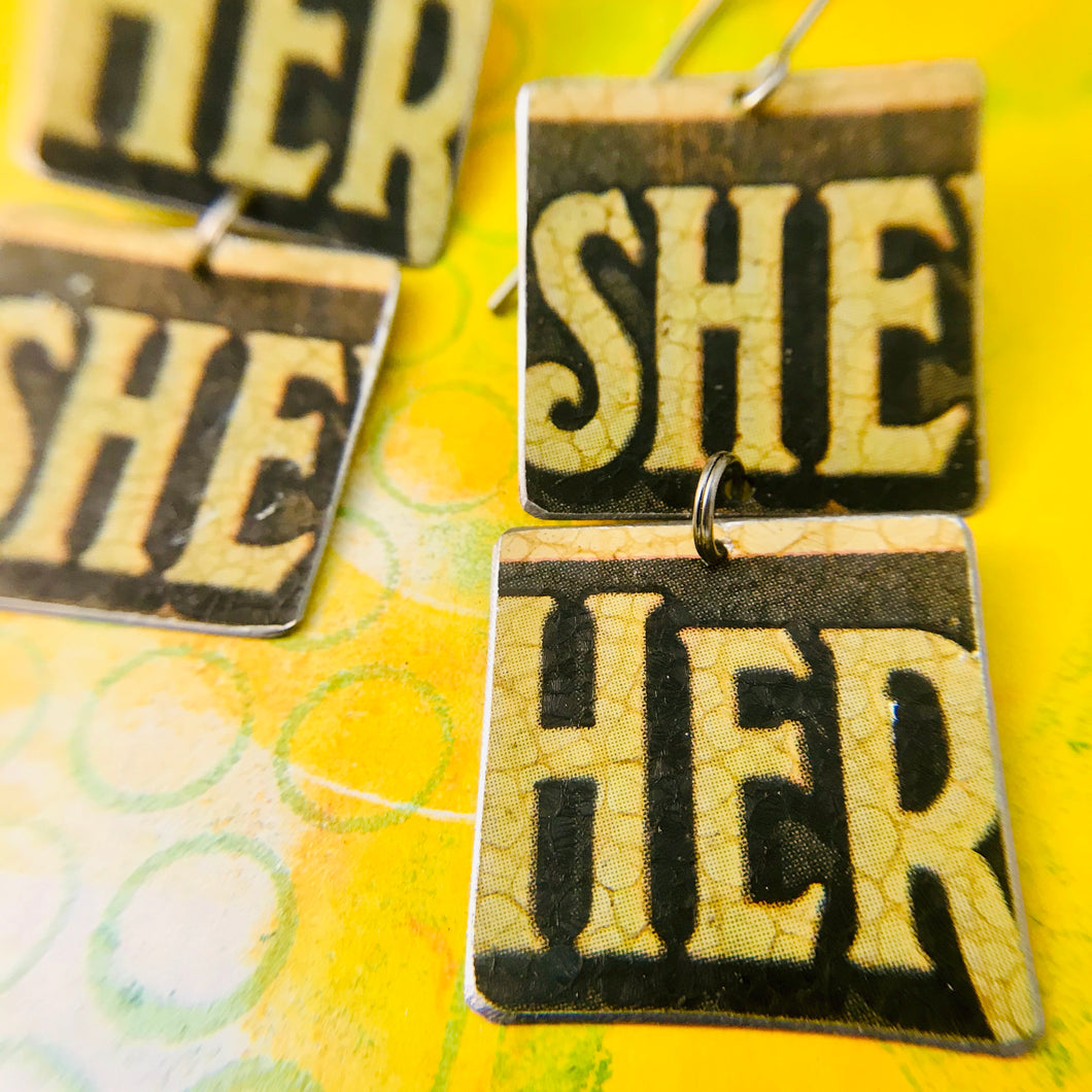 Vintage Butter Her She Recycled Tin Earrings