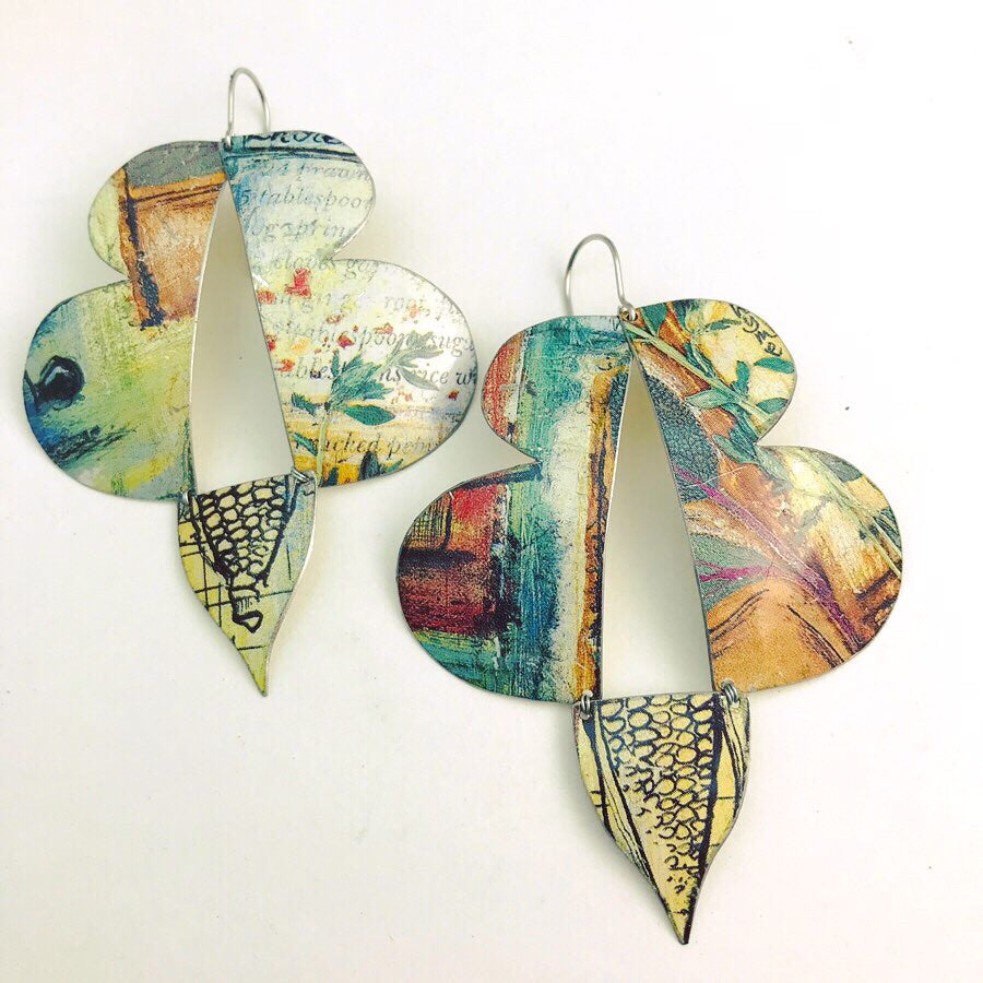 Mixed Greens Abstract Butterflies Upcycled Tin Earrings