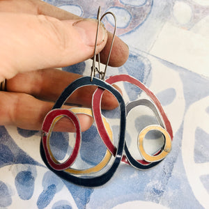 Gold, Twilight & Carmine Scribbles Upcycled Tin Earrings