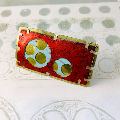 Weathered Red Over Icy Blue Encircled Upcycled Tin Brooch