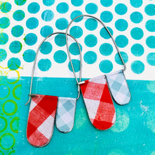 Load image into Gallery viewer, Red and Aqua Gingham Arch Dangle Tin Earrings