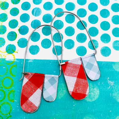 Red and Aqua Gingham Arch Dangle Tin Earrings