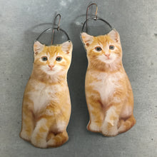 Load image into Gallery viewer, Orange Tabby Cat Upcycled Tin Earrings by Christine Terrell for adaptive reuse jewelry