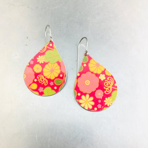 Tiny Flowers on Cerise Pink Upcycled Teardrop Tin Earrings adaptive reuse jewelry