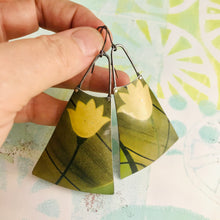 Load image into Gallery viewer, Big Pale Yellow Flowers Upcycled Tin Long Fans Earrings