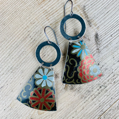 Stylized Flowers on Midnight Small Fans Tin Earrings