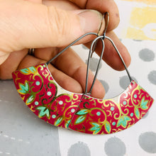 Load image into Gallery viewer, Green Leaves in Red Wide Arc Zero Waste Earrings