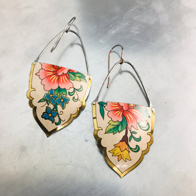 Vintage Flowers on White Fancy Shape Recycled Tin Earrings