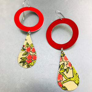Bright Red Ring & Vintage Flowery Tin Long Teardrops Earrings