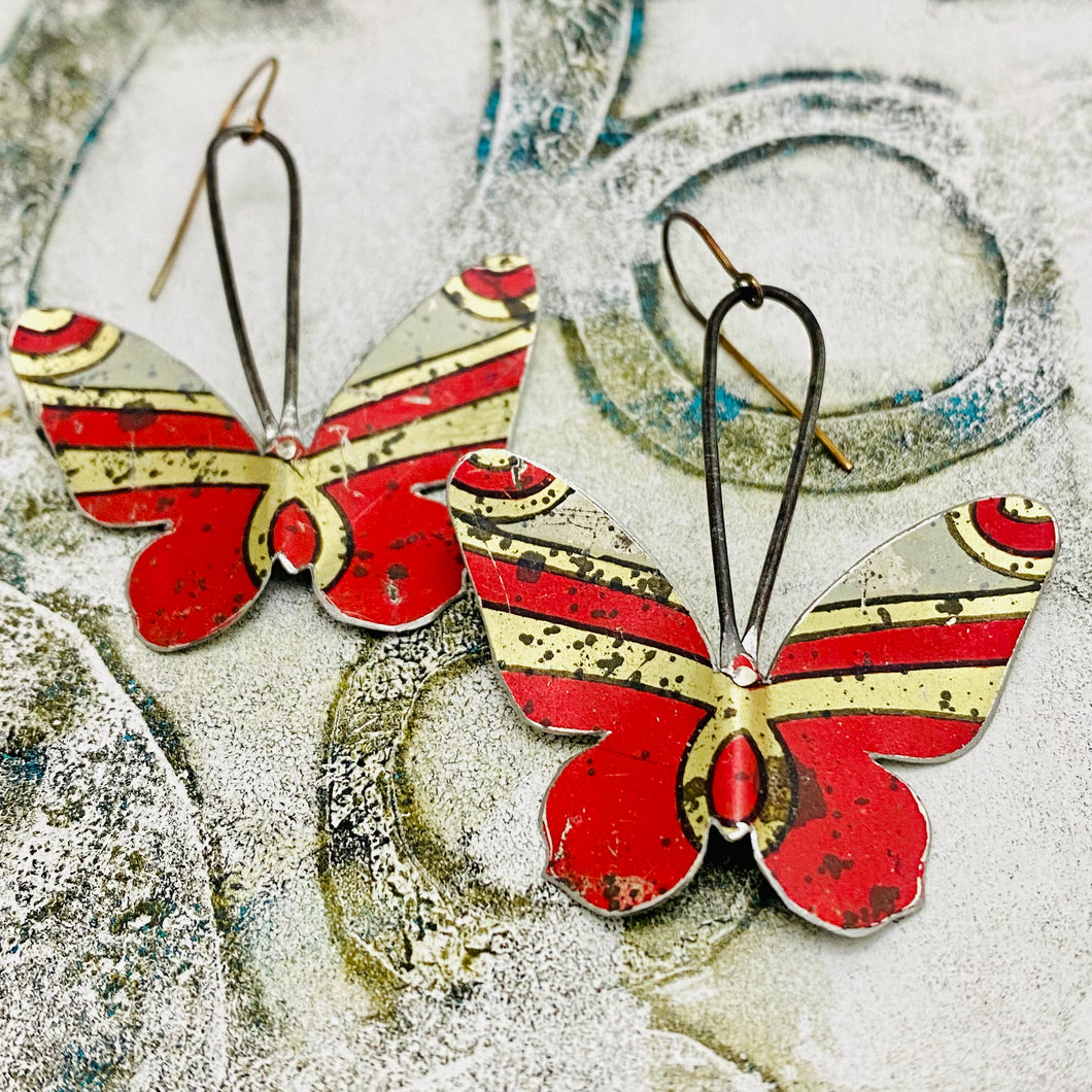 Rustic Red & Gold Butterflies Upcycled Tin Earrings